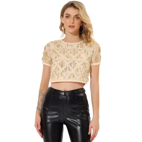 Allegra K Women's Sequin Shiny Glitter Crop Short Sleeves Tassel T-shirt :  Target