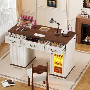 PAKASEPT Farmhouse Manicure Table with LED Light Display Cabinet, Nail Desk with Power Outlet,Dust Bags, Acetone-Resistant,Movable Shelves,Drawers - 1 of 4