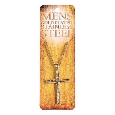 Dicksons Man of God Stitched Texture Box Cross Pendant Men's 24 Inch Gold Plated Stainless Steel Everyday Necklace on Display Card