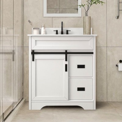 Rbied 30 in. Single Ceramic Sink White Bath Vanity with White Engineered Stone Top and Drawers, Sliding Barn Door, Unassembled