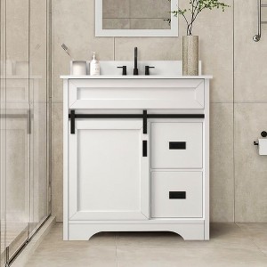 Rbied 30 in. Single Ceramic Sink White Bath Vanity with White Engineered Stone Top and Drawers, Sliding Barn Door, Unassembled - 1 of 4