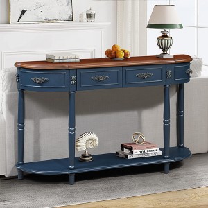 LOVSON 52'' Vintage curved solid wood entryway table, wooden side table with open shelving,2 drawers, suitable for living rooms ,navy blue+brown - 1 of 4