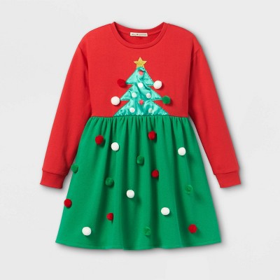 Girls' Christmas Tree Pom Dress - Red/Green XS