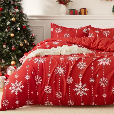 Nasitip Christmas Duvet Cover, Reversible Printed Comforter Cover Set Christmas Holiday Decorative Bedding, Red Duvet + 2 Pillow Shams, Snowflake