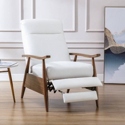 Milky White Leather and Wood Mid-Century Modern Recliner