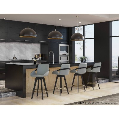 Set of 2 Black and Gray Faux Leather Swivel Barstools with Gold Footrest