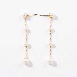 Anna-Kaci Pearl Drop Earrings with Delicate Chain Detailing and Graduated Bead Accents for a Soft Feminine Modern Elegant Accessory - Gold - 1 of 4
