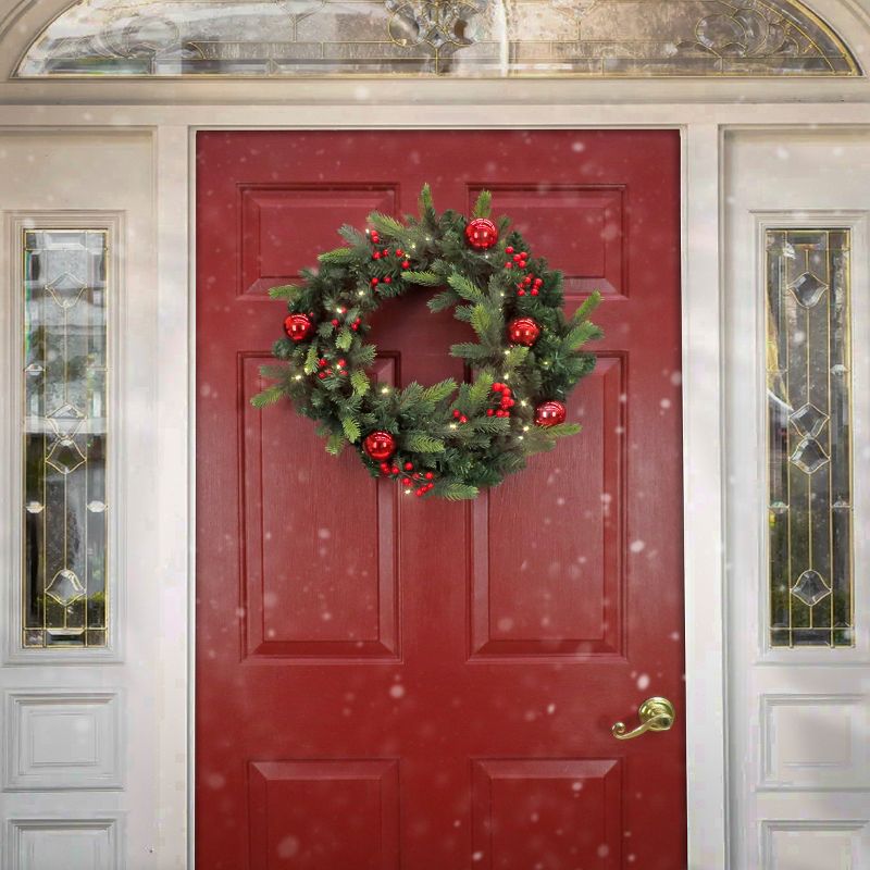 24" Prelit LED Christmas Wreath with Red Ornaments and Berries Warm White Lights - National Tree Company, 2 of 5
