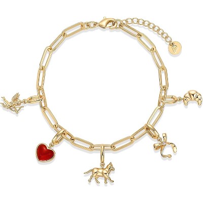 14K Gold Plated Adjustable Bracelet for Women | Twisted Bar & Paperclip Charm Chain Bracelets with Moon, Evil Eye