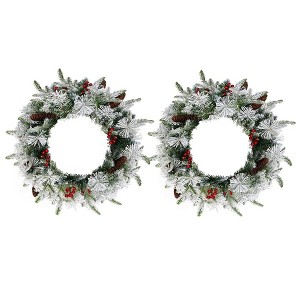 2 Pack 18in Pre-lit Snow Flocked Christmas Wreath, Lighted Artificial Xmas Wreath with 60 Warm Lights and 140 Tips - 1 of 4
