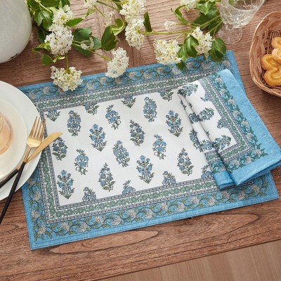 Tropez Blue and Green Polyester Block Print Napkins, Set of 4