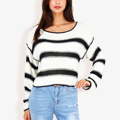 Anna-Kaci Women's Long Sleeve Striped Sweater With Crew Neck, Cropped Fit