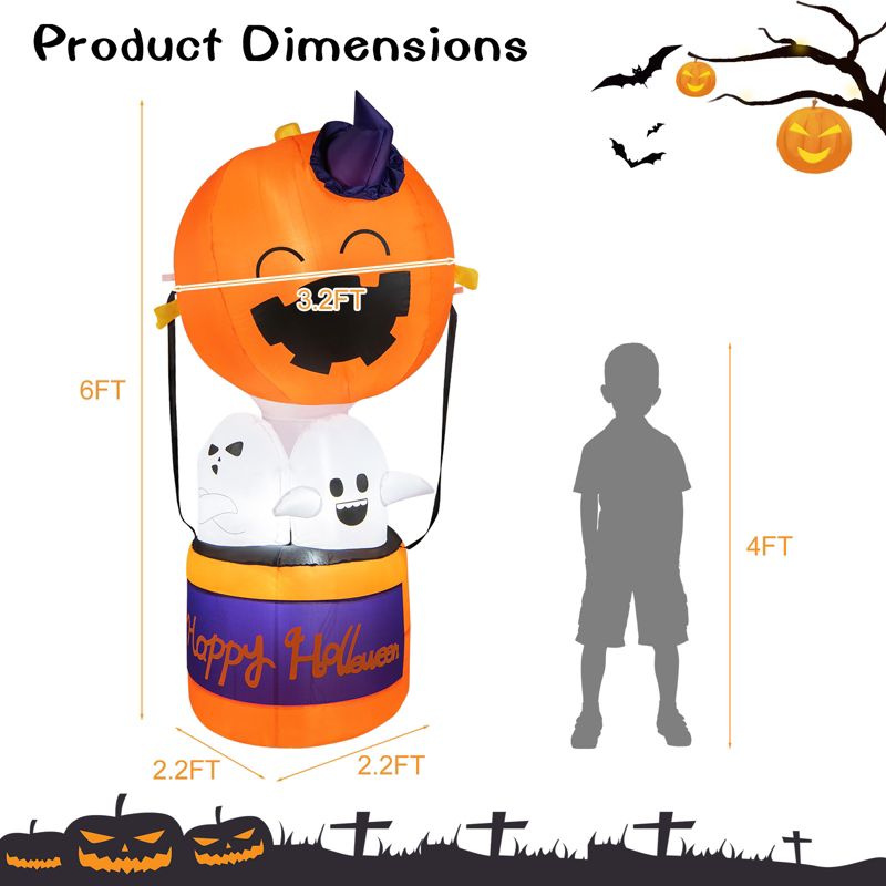 Tangkula 6FT Halloween Inflatable Decoration Inflatable Pumpkin Hot Air Balloon with Ghosts Bright LED Lights Waterproof Air Blower 2 Sandbags, 2 of 11