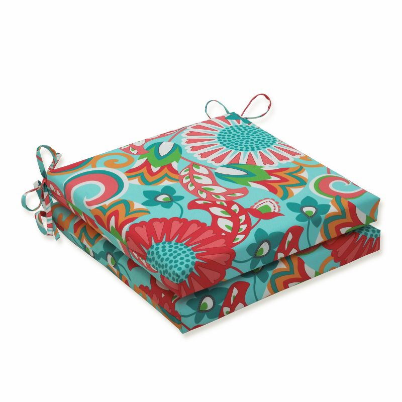 20&#34; x 20&#34; x 3&#34; 2pk Sophia Squared Corners Outdoor Seat Cushions Turquoise/Coral - Pillow Perfect, 1 of 6