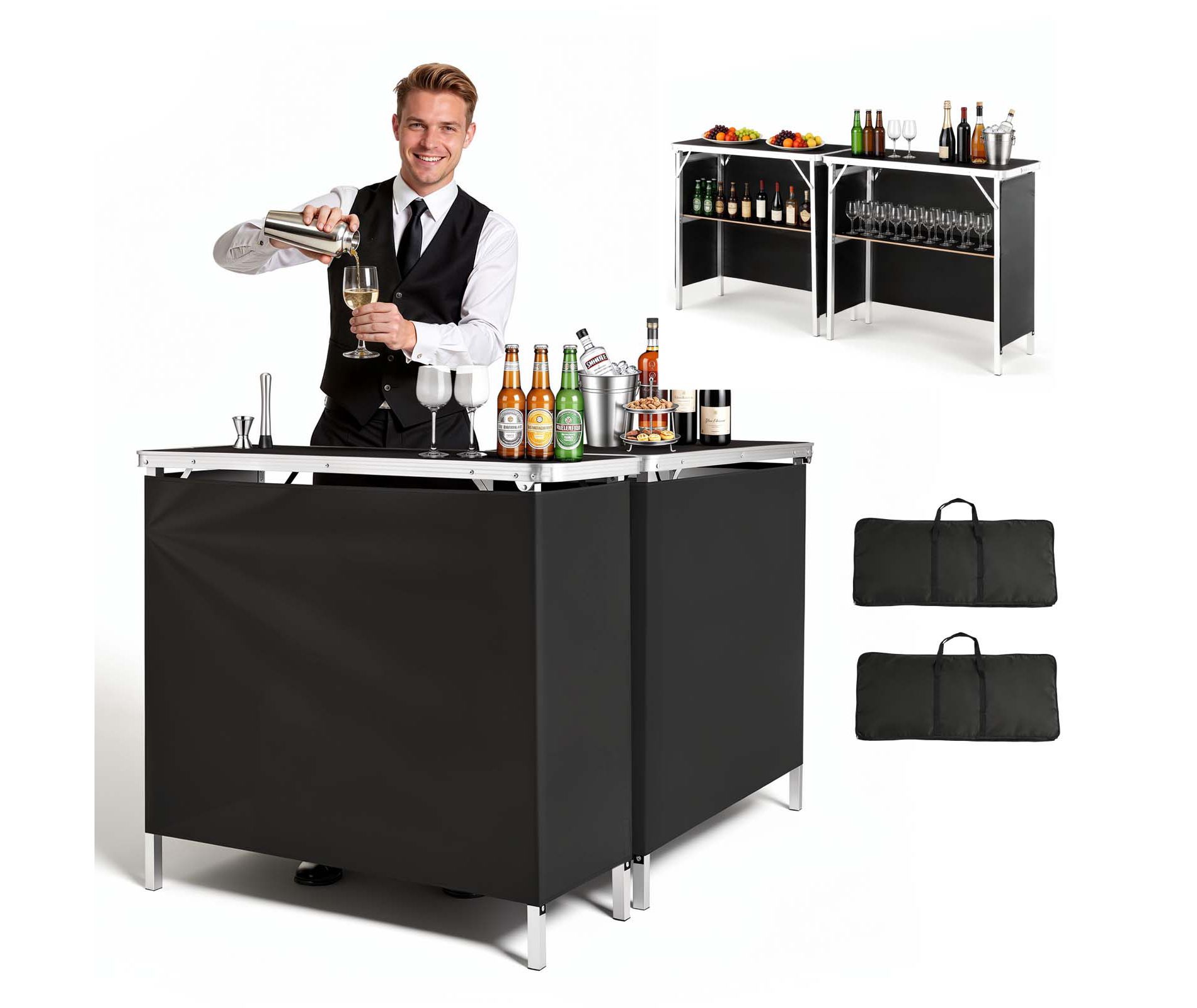 VEVOR Folding Portable Bar Table, 2 pcs, 38.6 x 15.2 x 34.3 in, with Carry Bag, Storage Shelf, Detachable Skirt, Quick and Easy Setup, Black