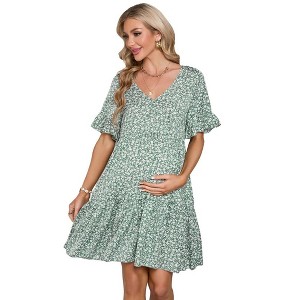 LXT- Maternity Dress Womens Casual Babydoll Dress Ruffle Short Sleeve V Neck Floral Printed Flowy Mini Short Tunic Dress - 1 of 4