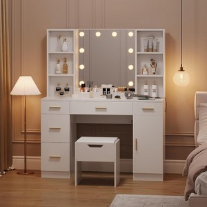 Acekool Vanity Desk with LED Lighted Mirror, 10 Lights, 3-Color Brightness, 6 Drawers, 6 Open Shelves, Makeup Table for Bedroom - 1 of 4