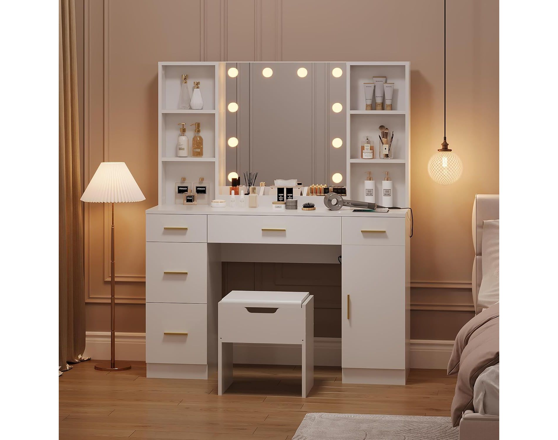 Acekool Vanity Desk with LED Lighted Mirror, 10 Lights, 3-Color Brightness, 6 Drawers, 6 Open Shelves, Makeup Table for Bedroom