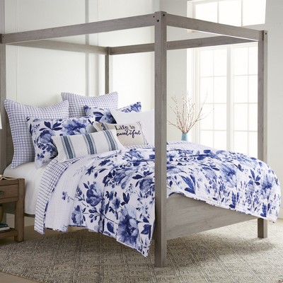 Blue Floral Cotton Twin Reversible Quilt Set