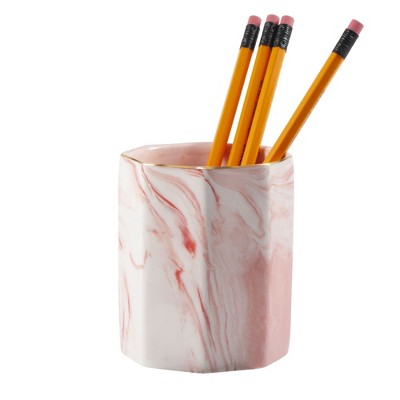 Zodaca Marble Pen Holder, Durable Ceramic Pencil Cup Desk & Makeup Brushes Organizer with Gold Trim Accent, Rose Pink