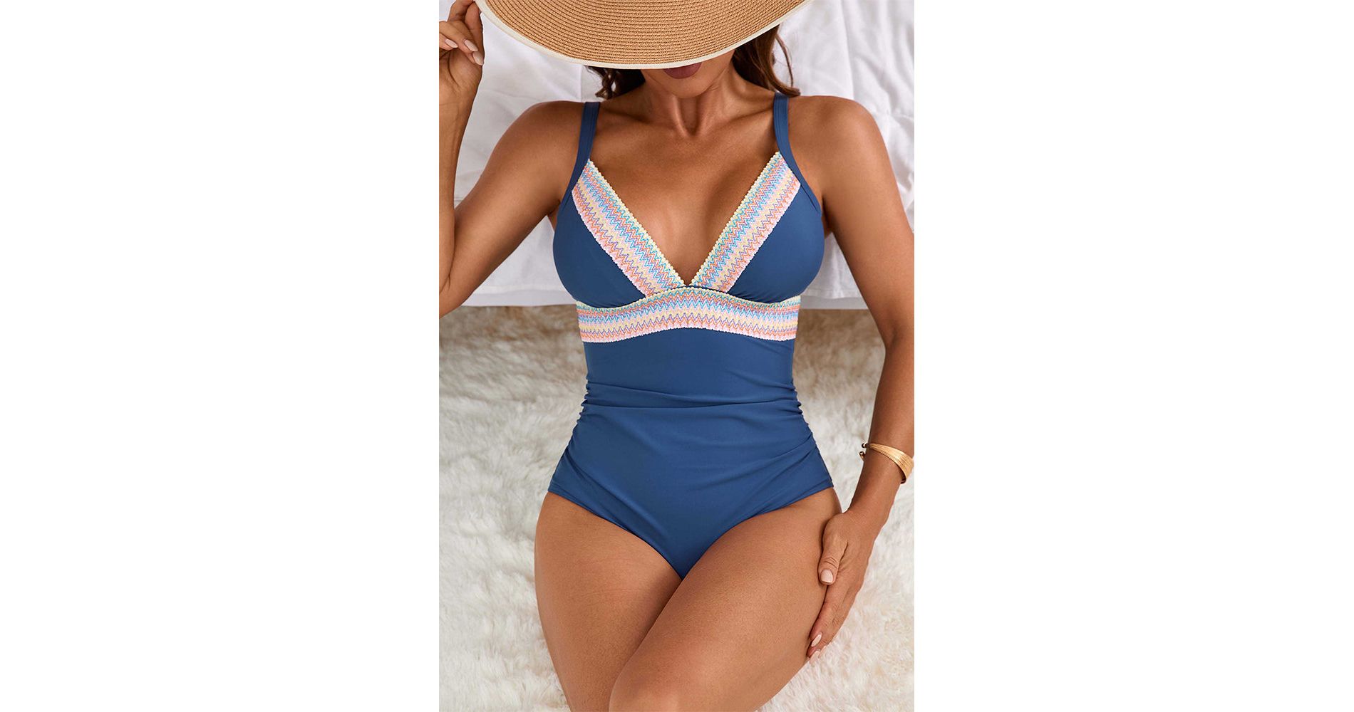 Charmo Women's Plunge V-Neck Contrast Trim Cutout Back Tummy Control One Piece Swimsuit