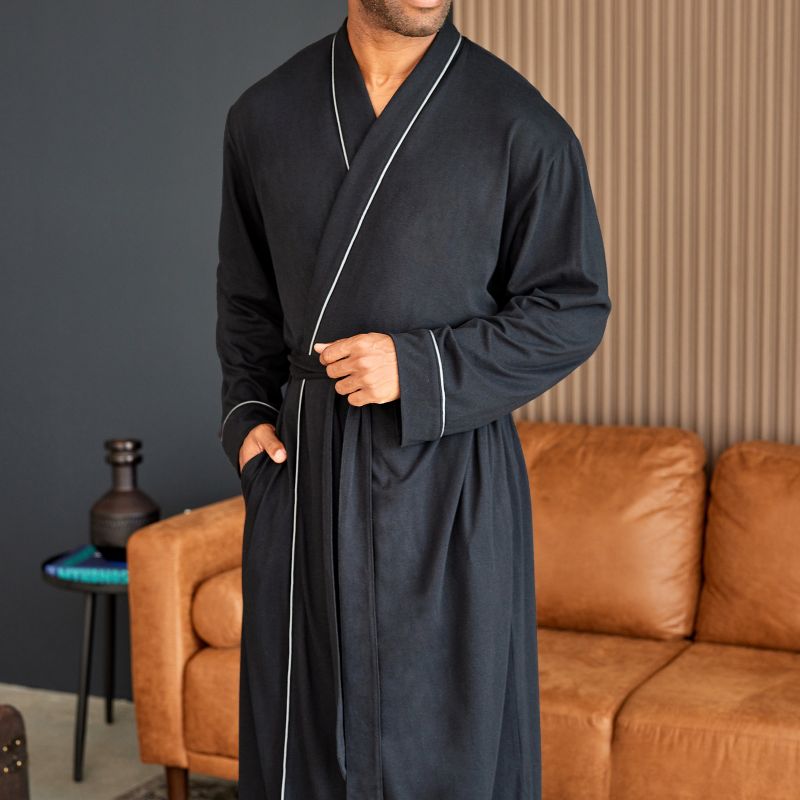 Men's Soft Cotton Knit Jersey Long Lounge Robe with Pockets, Bathrobe, 3 of 7