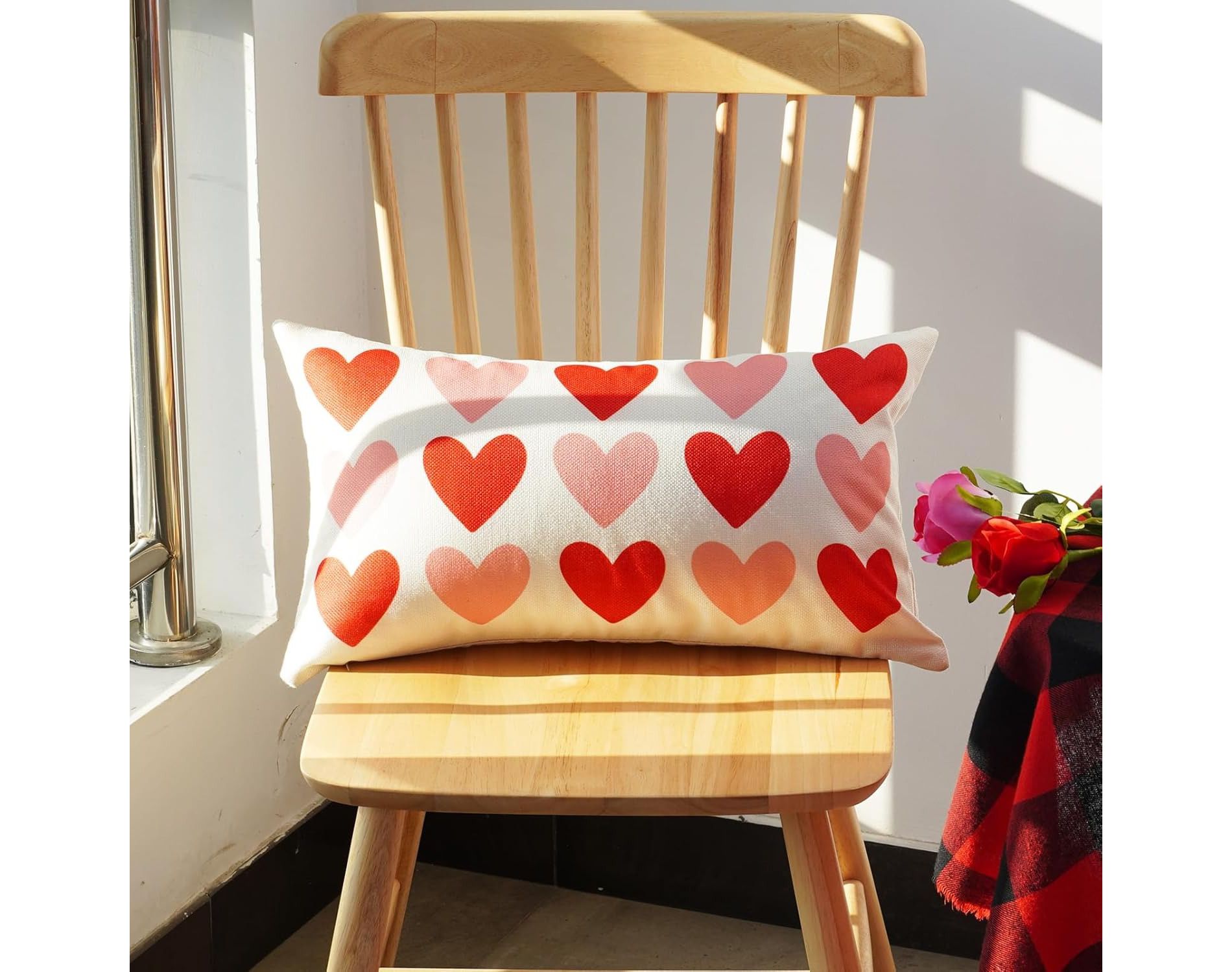 Lomsoe 1pc Valentine's Day Linen Pillow Cover Red Pink Heart Decoration Valentine Lumbar Throw Cushion Case for Bedroom Sofa Couch.