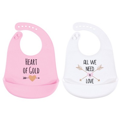Hudson Baby Infant Girl Silicone Bibs 2pk, Gold Heart, One Size