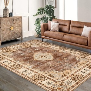 Coucheta Washable Bohemian Area Rug, Distressed Oriental Floral Pattern, Non-Slip Low Pile Carpet for Living & Dining Room, Bedroom, Nursery & Office - 1 of 4