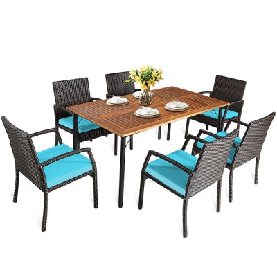Tangkula 7- Piece Patio Dining Furniture Set Acacia Wood and Wicker Dining Table Armchairs Navy/Red/White/Turquoise