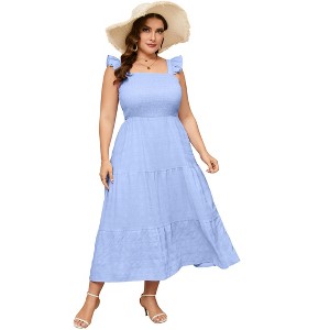knee length dresses for ladies Blue Floral Puff Sleeve Maternity Plus Midi Dress