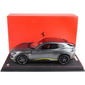 Ferrari Purosangue Matt Silverstone Gray Metallic with Yellow Stripes and Panoramic Roof with DISPLAY CASE 1/18 Model Car by BBR - 1 of 4