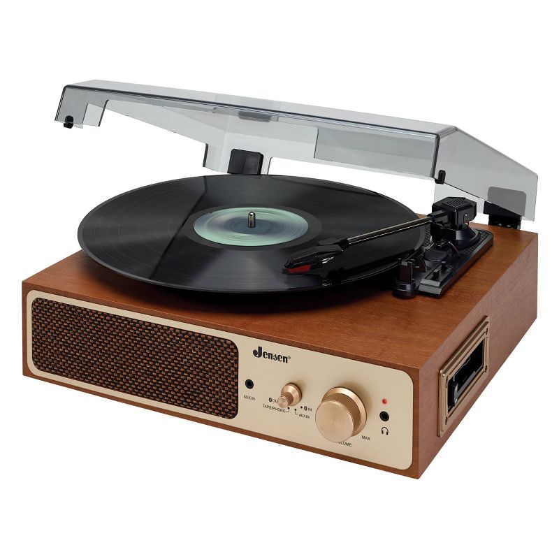 JENSEN 3-Speed Stereo Turntable with Stereo Speakers and Dual Bluetooth Transmit/Receive - Brown, 1 of 6