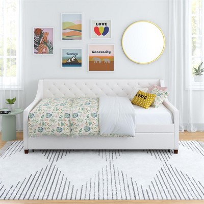 Ivory Linen Twin Daybed with Trundle and Tufted Upholstery
