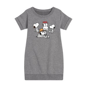 Girls' - Peanuts - Snoopy Siblings Graphic Short Sleeve Fleece Dress - 1 of 4