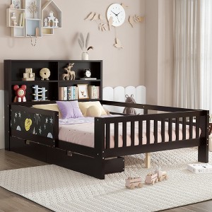 Bellemave Full Platform Bed with Chalkboard, Solid Wood Platform Bed with Storage Drawers and Shelves, Childlike Fun and Space-saving Design, Espresso - 1 of 4