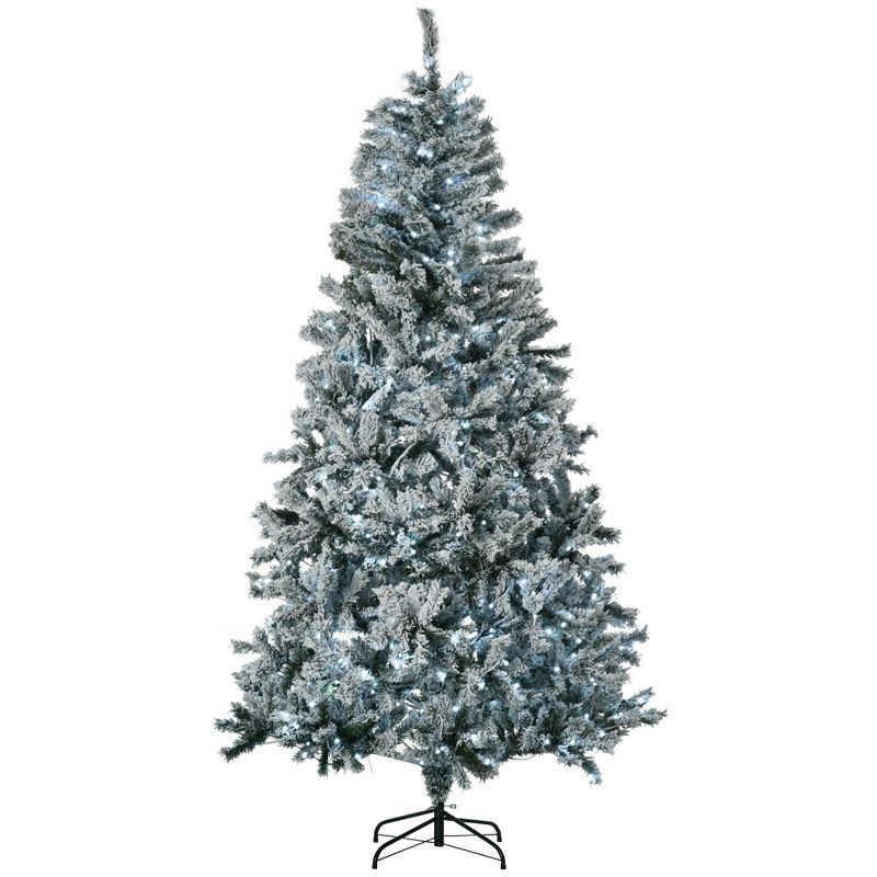 HOMCOM 7.5 FT Prelit Artificial Christmas Tree Holiday Decoration with Snow Flocked Branches, Cold White LED Lights, Auto Open, Green, 1 of 7