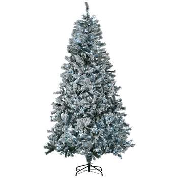 HOMCOM 7.5 FT Prelit Artificial Christmas Tree Holiday Decoration with Snow Flocked Branches, Cold White LED Lights, Auto Open, Green