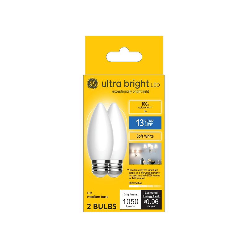 GE 2pk 8 Watts Soft White Medium Base Ultra Bright LED Decorative Light Bulbs, 1 of 8