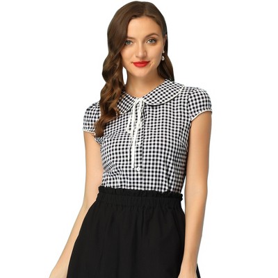 Allegra K Women's Tie Neck Peter Pan Collar Short Sleeve Plaid Shirt
