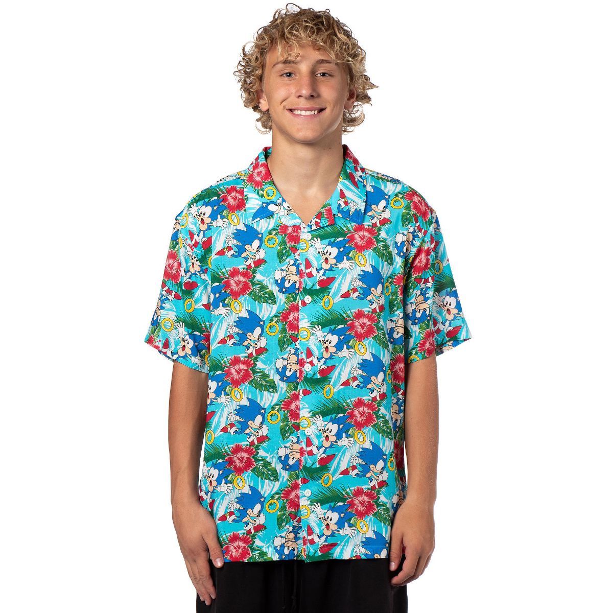 Sonic the Hedgehog Men's Hawaiian Floral Character Button-Up Woven Shirt
