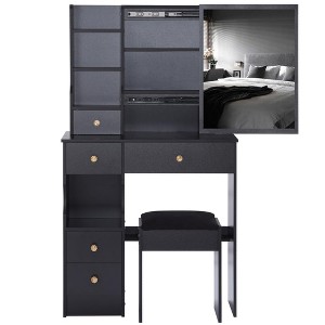 Small Size Left Drawer Makeup Vanity Desk With Cushioned Stool, Power Station, Makeup Table Set with Extra Large Touch Control Sliding LED Mirror - 1 of 4