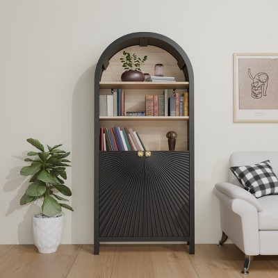 61" Tall Black Arched Bookcase Cabinet,5-Tier Bookshelf with 2 Doors & Storage Shelves for Living Room,Bedroom,Office-Baofuwish