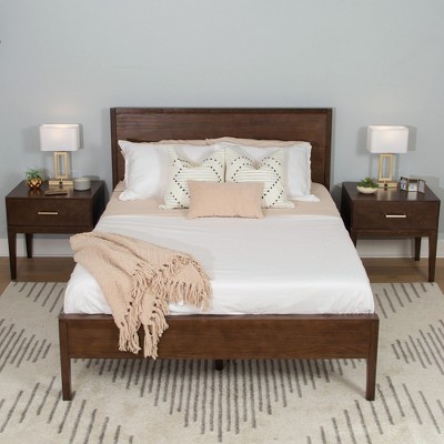 Walnut Queen Solid Pine Wood Bed Frame with Headboard