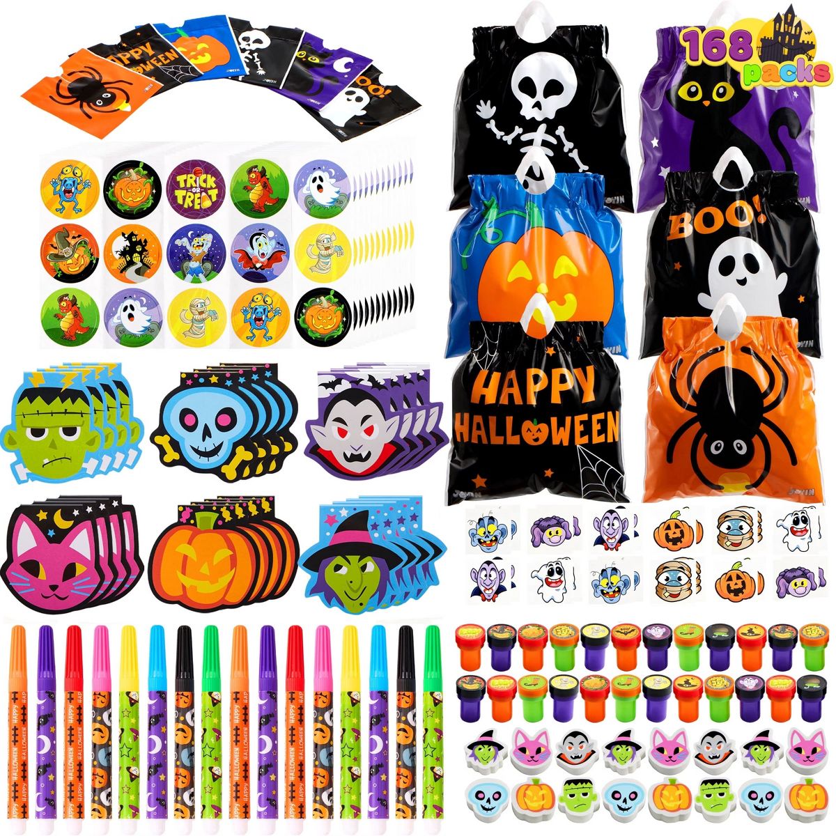 Joyfy 168 PCS Halloween Party Favors Stationery Set With Halloween Bag/Notepad/Stamp/Pencil/Sticker Temporary Tattoos for Kids Gift Classroom Prizes