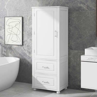 MAYEERTY Tall Bathroom Cabinet Freestanding 2 Drawers Adjustable Shelf MDF Painted White