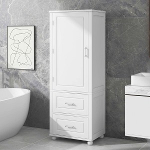 MAYEERTY Tall Bathroom Cabinet Freestanding 2 Drawers Adjustable Shelf MDF Painted White - 1 of 4