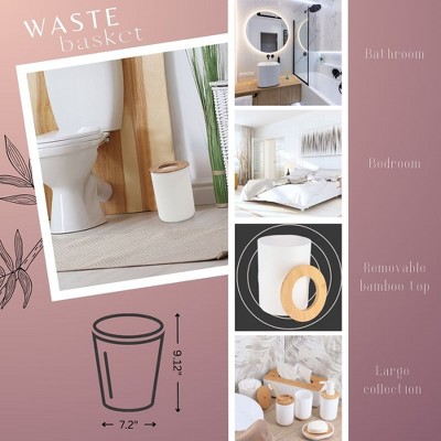 Compact White and Bamboo Bathroom Trash Can with Removable Lid