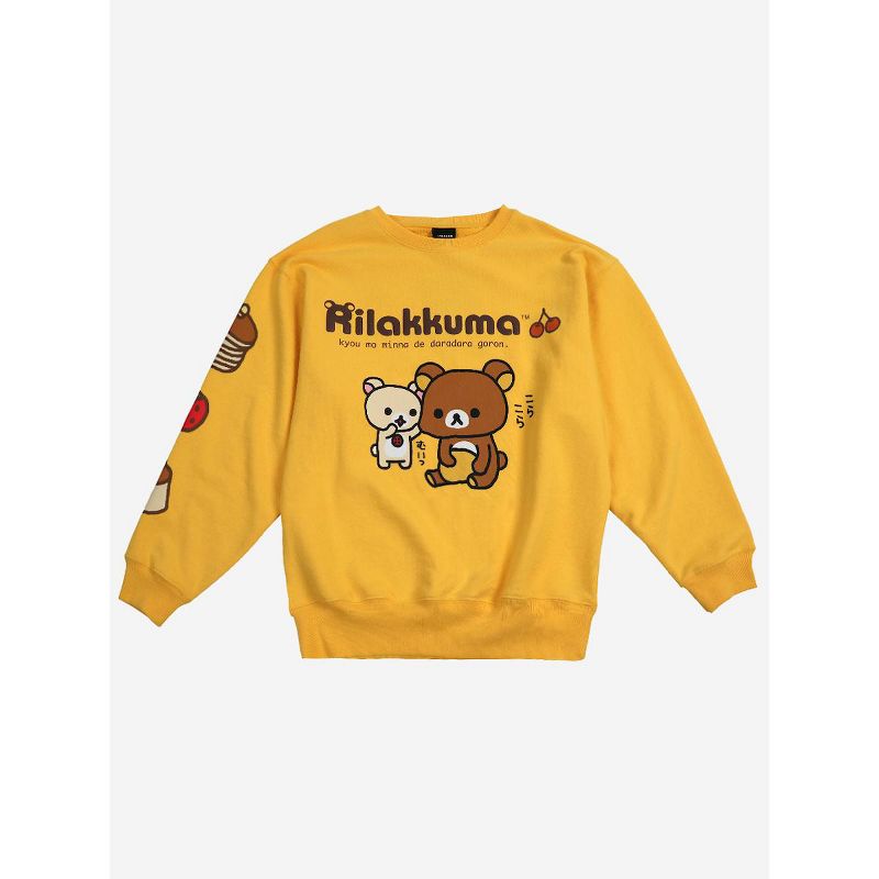 Sanrio Rilakkuma & Korilakkuma Puff Print Unisex Adult Yellow Crew Neck Sweatshirt, 1 of 7