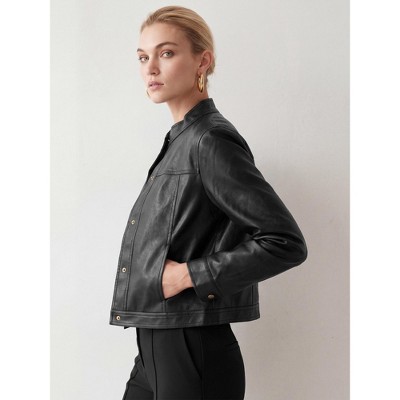 Женские куртки INSPIRE CHIC Women's Collarless Vintage Cropped Long Sleeve Snap Button Casual Faux PU Moto Outerwear Jackets M Black — фото 4